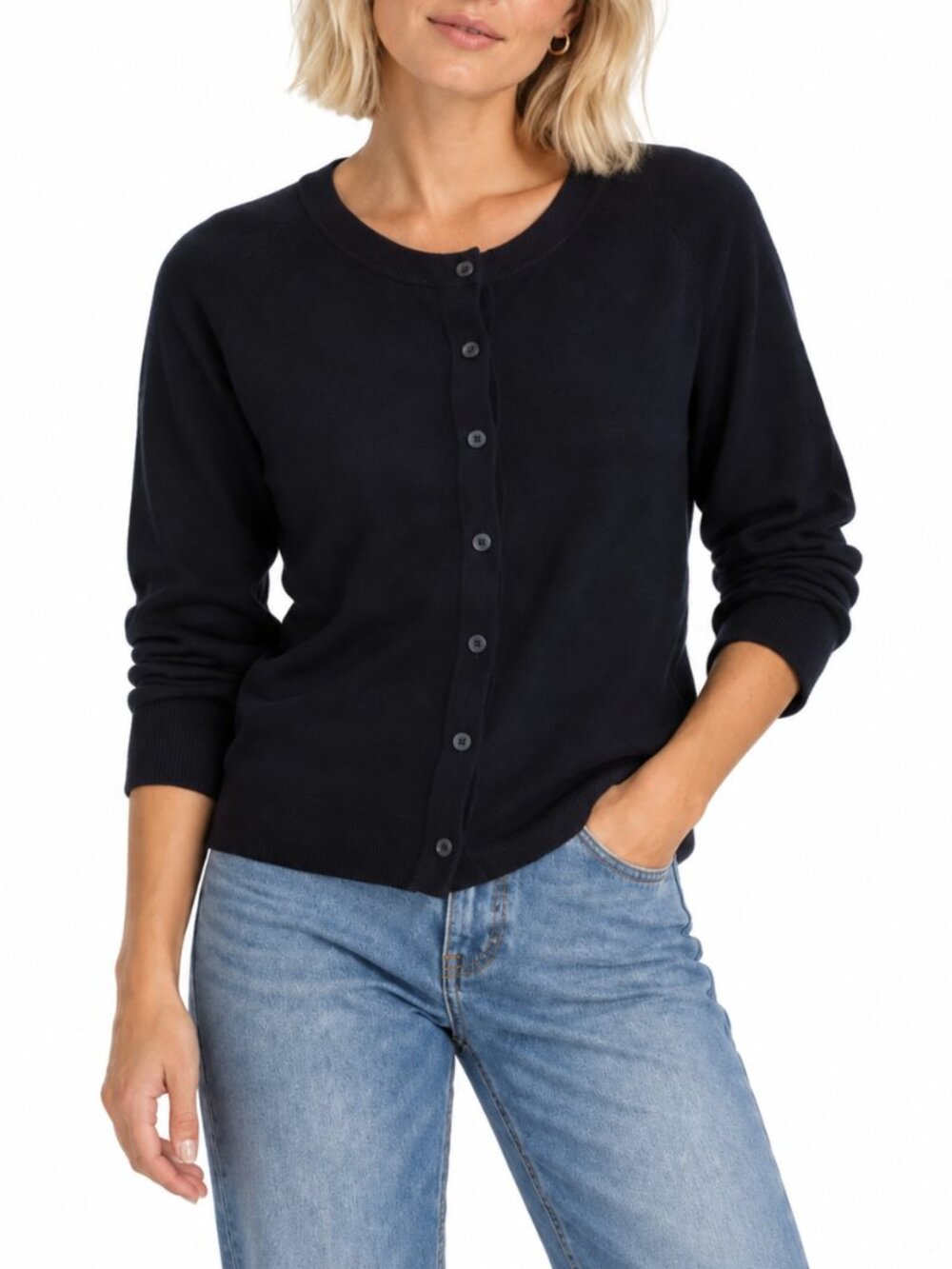 LOFT Navy Blue Crewneck Button Front Cardigan Sweater Size L